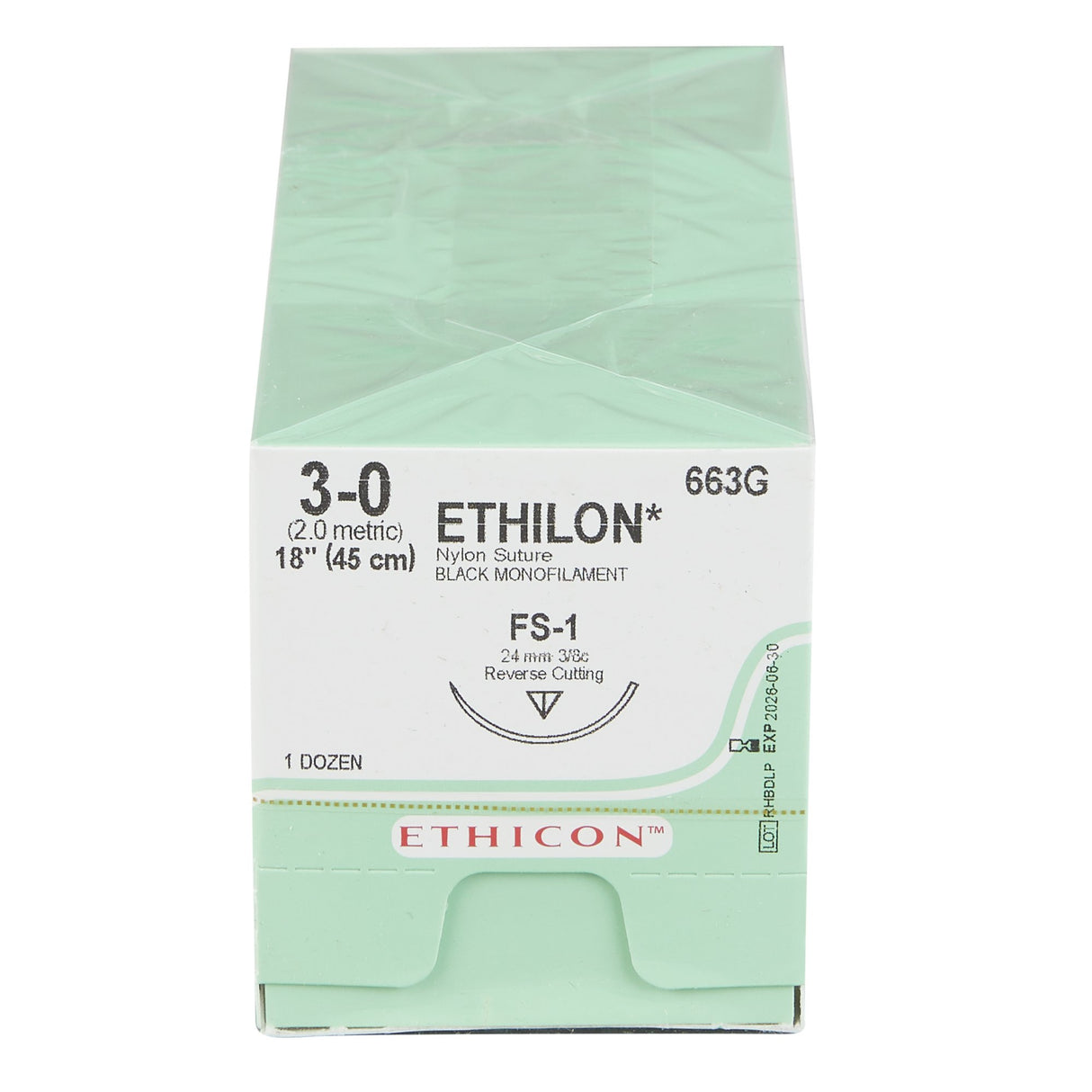Image of Ethicon 663G ETHILON® Nylon Suture 3-0, FS-1 24mm Reverse Cutting Needle, 18", Black Monofilament