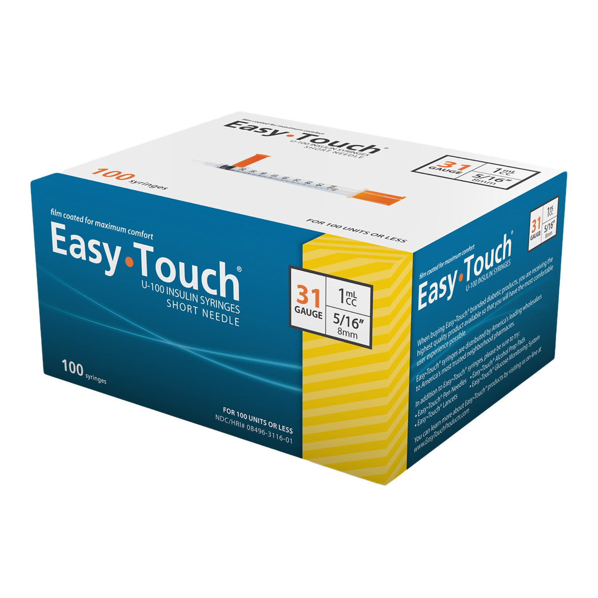 Image of EasyTouch Insulin Syringe 31G x 5/16", 1 mL (100 count)