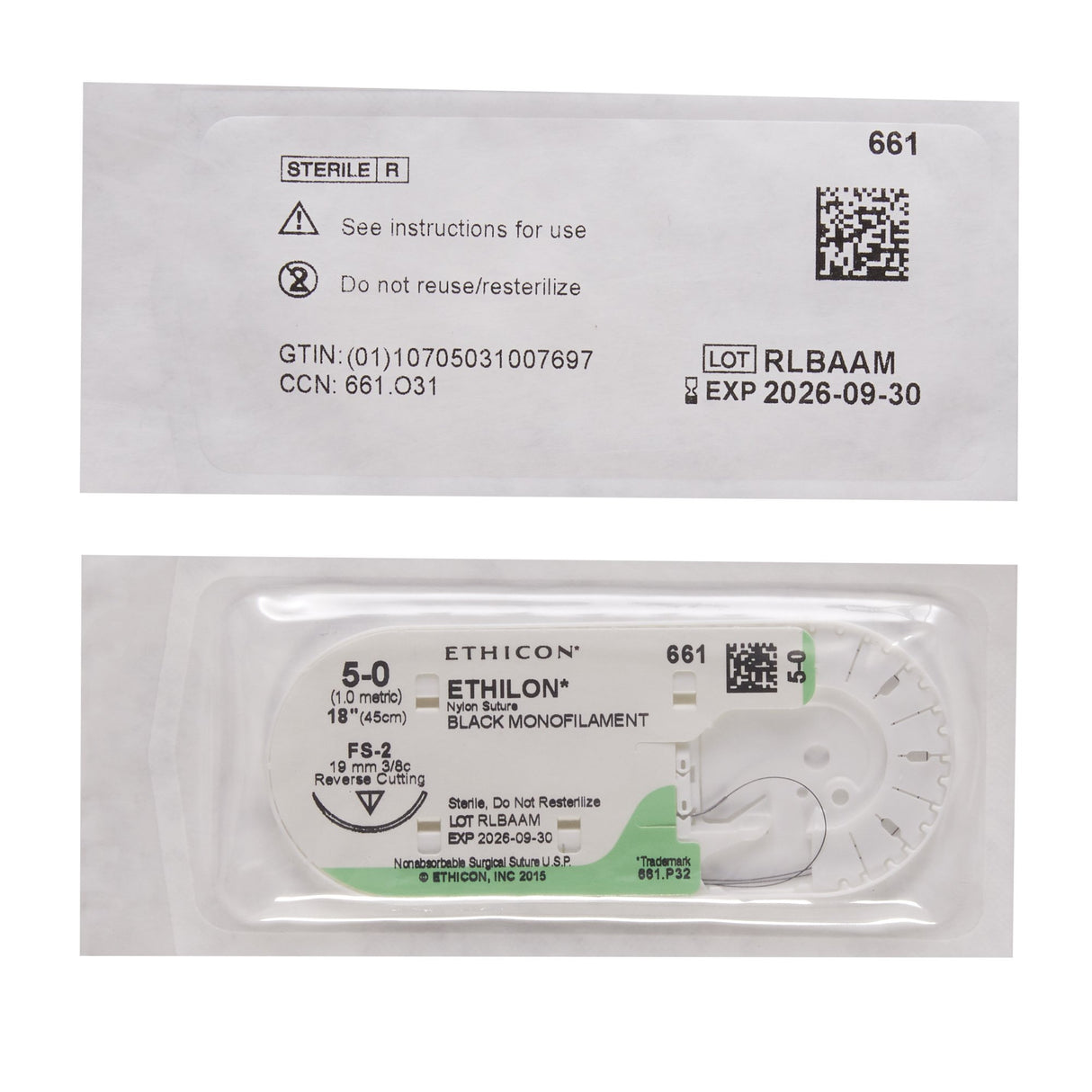 Image of Ethicon 661G ETHILON® Nylon Suture 5-0, FS-2 19mm Reverse Cutting Needle, 18", Black Monofilament