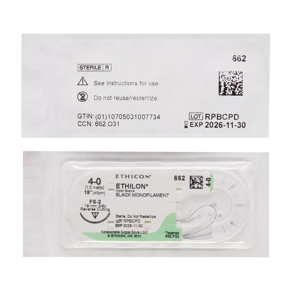 Image of Ethicon 662G ETHILON® Nylon Suture 4-0, FS-2 19mm Reverse Cutting Needle, 18", Black Monofilament