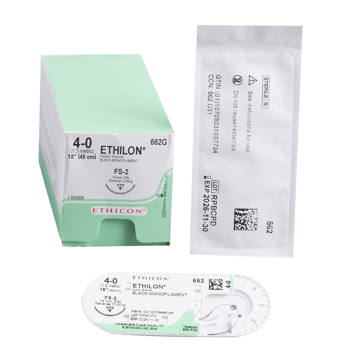 Image of Ethicon 662G ETHILON® Nylon Suture 4-0, FS-2 19mm Reverse Cutting Needle, 18", Black Monofilament