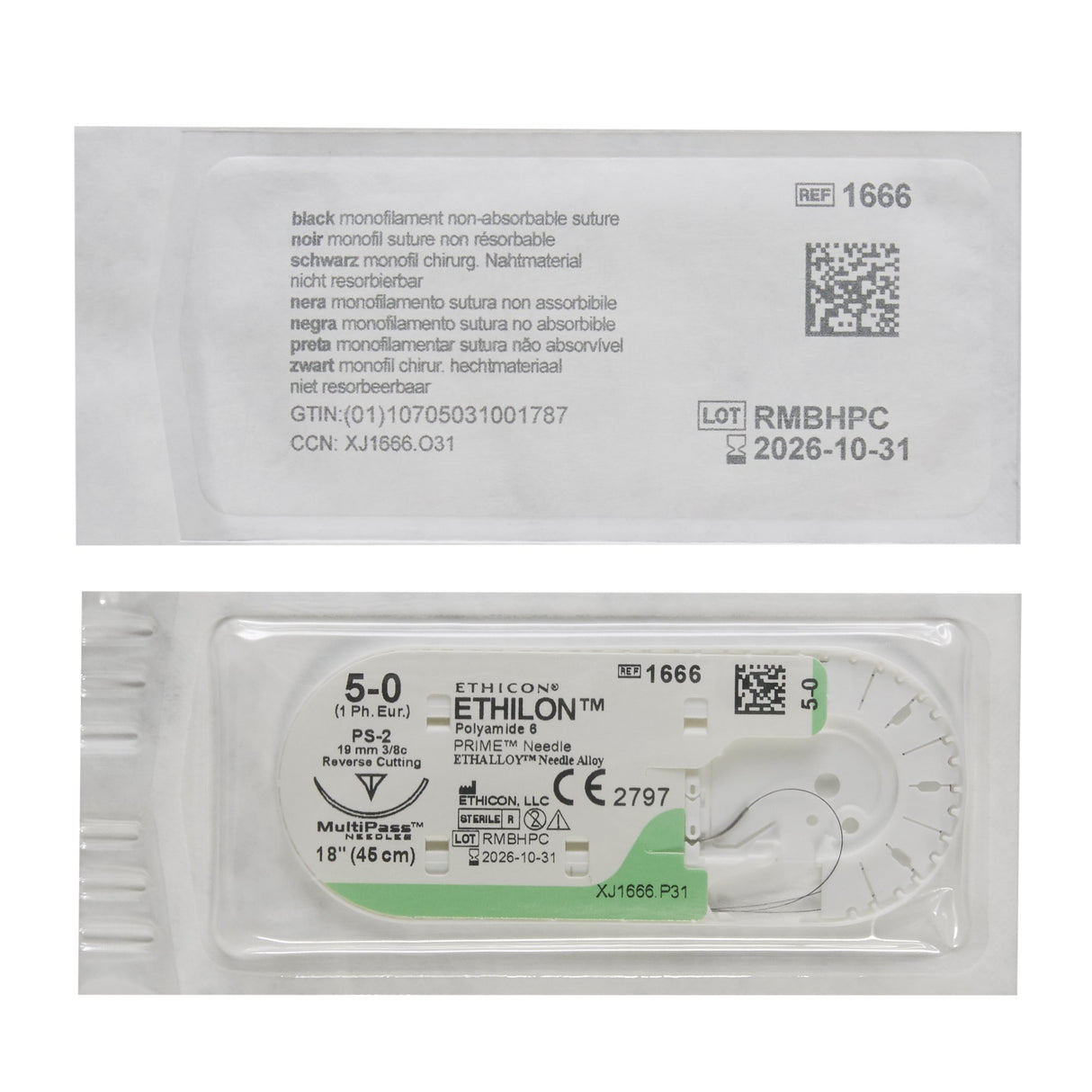 Image of Ethicon 1666G ETHILON® Nylon Suture 5-0, PS-2 19mm Precision Point Reverse Cutting Needle, 18", Black Monofilament