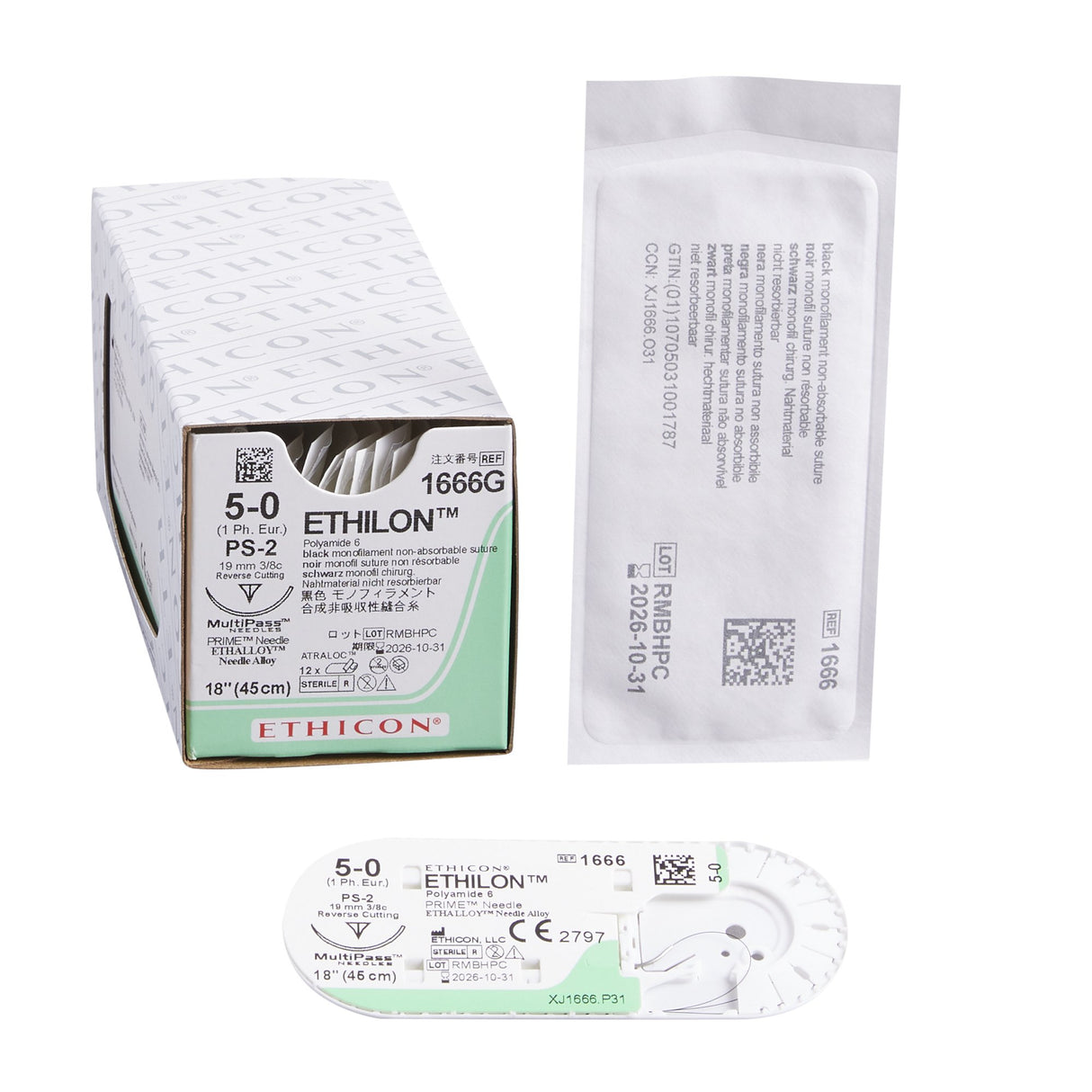 Image of Ethicon 1666G ETHILON® Nylon Suture 5-0, PS-2 19mm Precision Point Reverse Cutting Needle, 18", Black Monofilament