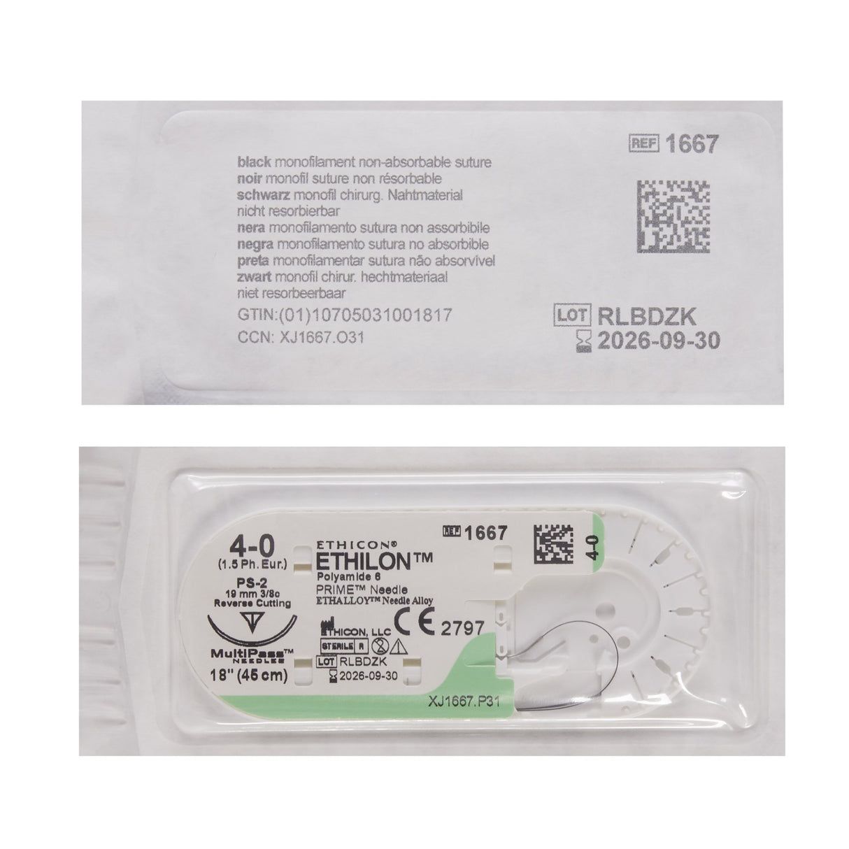 Image of Ethicon 1667G ETHILON® Nylon Suture 4-0, PS-2 19mm Precision Point Reverse Cutting Needle, 18", Black Monofilament