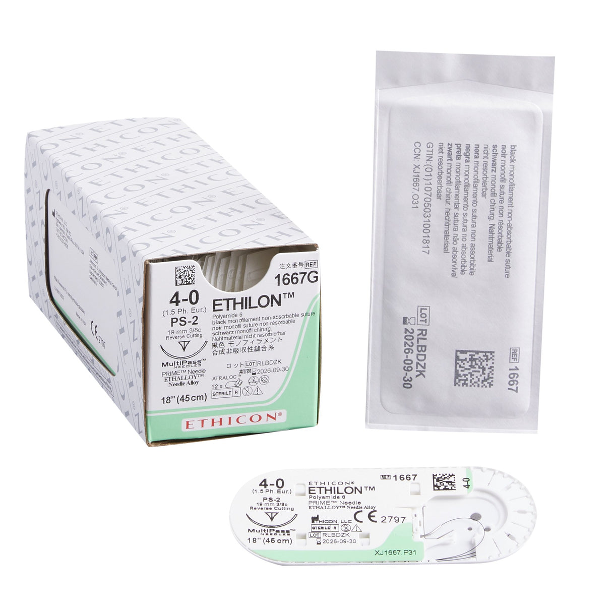 Image of Ethicon 1667G ETHILON® Nylon Suture 4-0, PS-2 19mm Precision Point Reverse Cutting Needle, 18", Black Monofilament