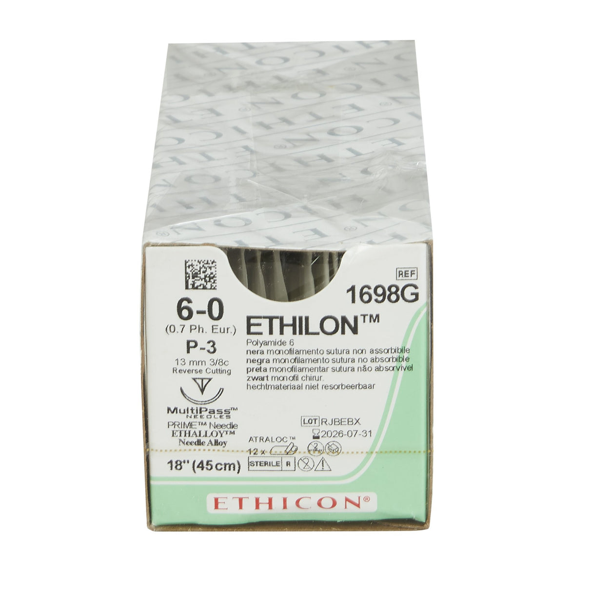 Image of Ethicon 1698G ETHILON® Nylon Suture 6-0, P-3 13mm Reverse Cutting Needle, 18", Black Monofilament