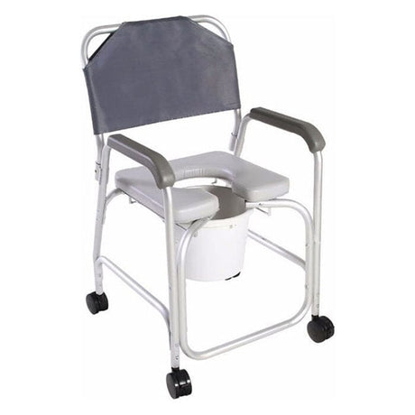 Image of Cardinal Health™ Commode Shower Chair, Aluminum, with Back, Locking Caster, 10qt Capacity Bucket, 375 lb Capacity, 21''