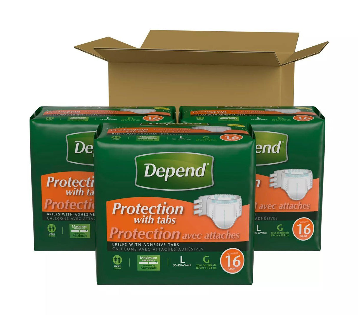 Image of Depend® Incontinence Briefs Protection with Tabs, Maximum Absorbency