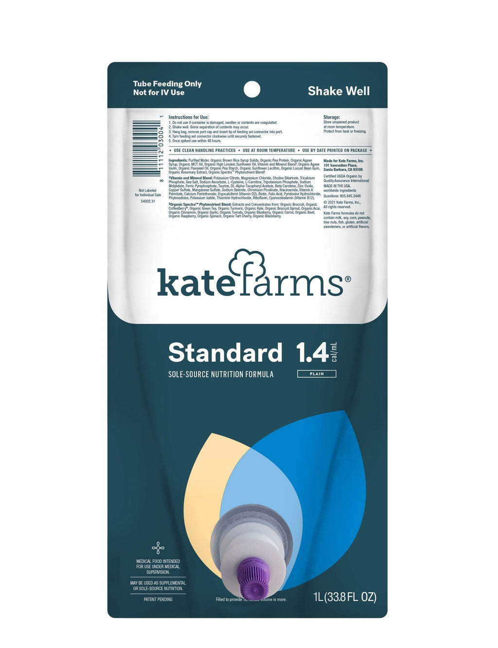 Kate Farms Standard 1.4 Plain, Closed System, ReadytoHang, 1000 mL