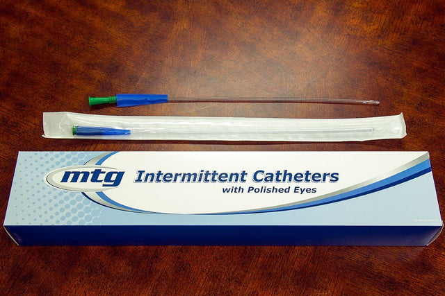 Image of MTG Straight Tip Male Intermittent Catheter, 12 Fr, 16" Soft Vinyl Catheter with Handling Sleeve