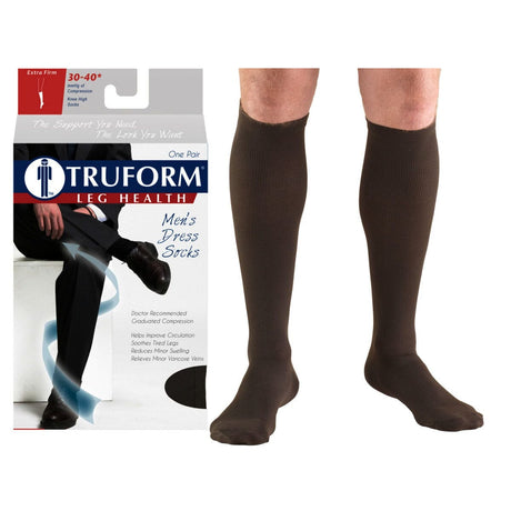 Image of Surgical Appliance Truform® Men's Dress Support Socks, Knee High, Closed Toe, 30 to 40mmHg, Small, Brown
