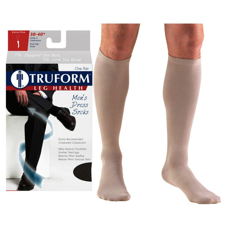Image of Surgical Appliance Truform® Men's Dress Support Socks, Knee High, Closed Toe, 30 to 40mmHg, XL, Tan