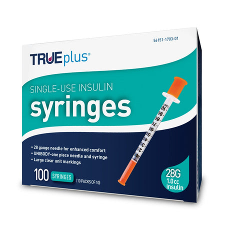 Image of Trueplus Single-Use Insulin Syringe, 28G x 1/2", 1 mL (100 Count)