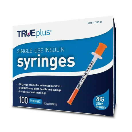 Image of Trueplus Single-Use Insulin Syringe, 28G x 1/2", .5 mL (100 Count)