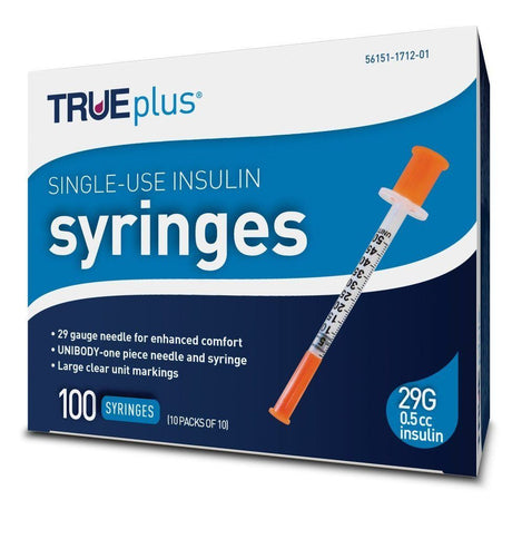 Image of Trueplus Single-Use Insulin Syringe, 29G x 1/2", 1 mL (100 Count)