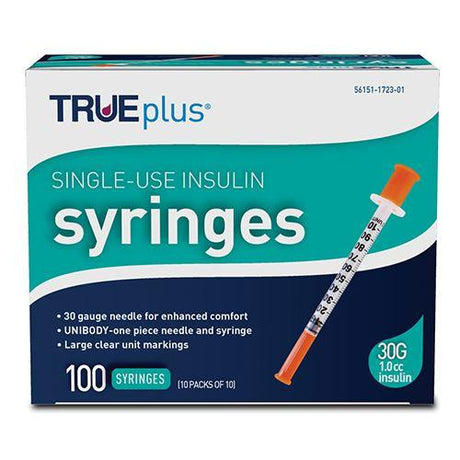 Image of Trueplus Single-Use Insulin Syringe, 30G x 5/16", 1 mL (100 Count)