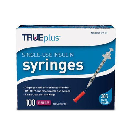 Image of Trueplus Single-Use Insulin Syringe, 30G x 5/16", .3 mL (100 Count)