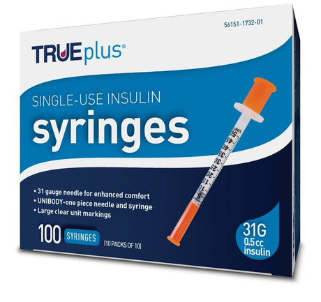 Image of Trueplus Single-Use Insulin Syringe, 31G x 5/16", .5 mL (100 Count)