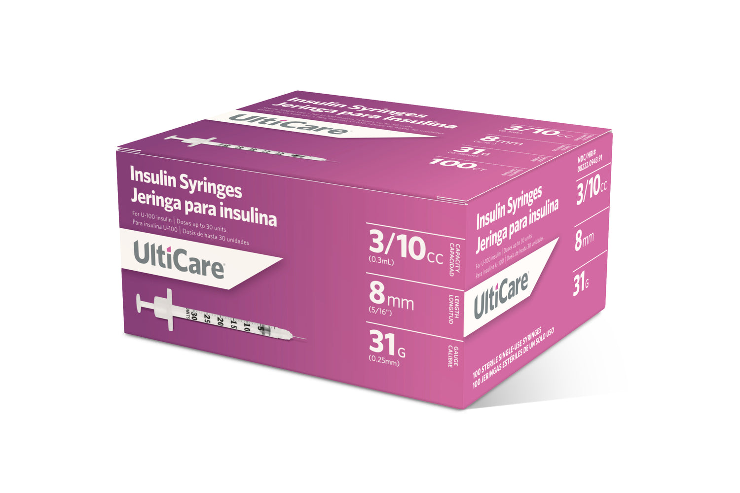 Image of UltiCare U-100 Insulin Syringes 3/10 mL/cc 8mm (5/16") x 31G