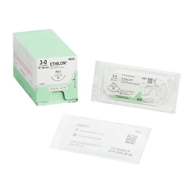 Image of Ethicon 663G ETHILON® Nylon Suture 3-0, FS-1 24mm Reverse Cutting Needle, 18", Black Monofilament