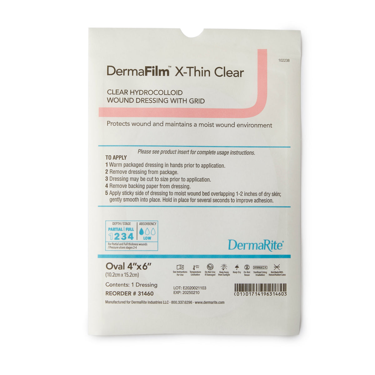 DermaFilm Hydrocolloid Wound Dressing, X-Thin Oval, 4
