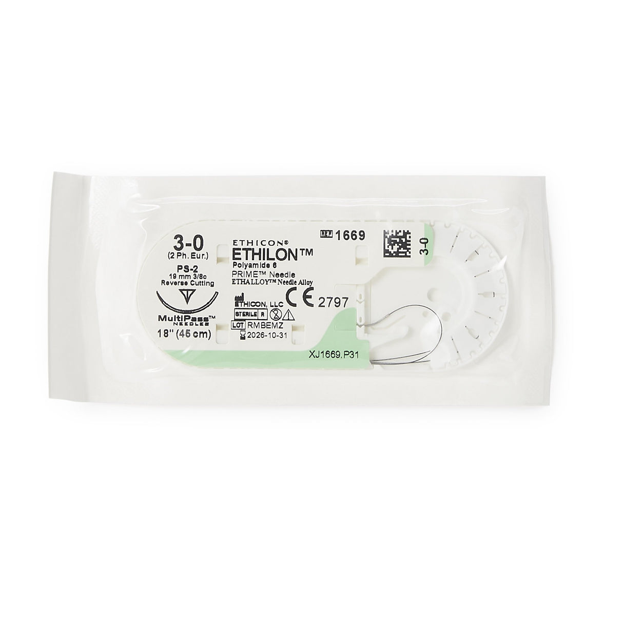 Image of Ethicon 1669H ETHILON® Nylon Suture 3-0, PS-2 19mm Precision Point Reverse Cutting Needle, 18", Black Monofilament