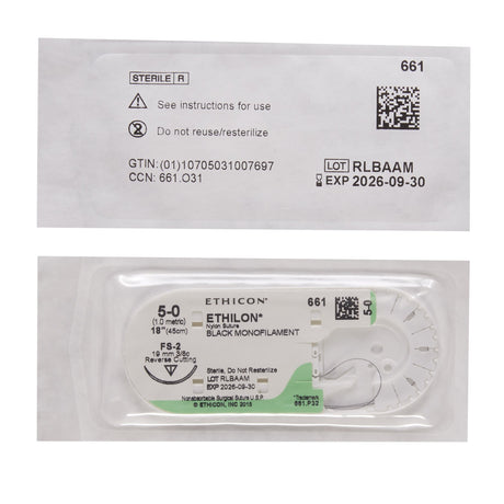 Image of Ethicon 661G ETHILON® Nylon Suture 5-0, FS-2 19mm Reverse Cutting Needle, 18", Black Monofilament