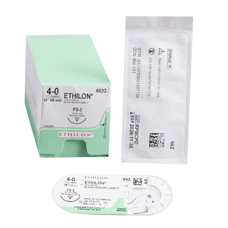 Image of Ethicon 662G ETHILON® Nylon Suture 4-0, FS-2 19mm Reverse Cutting Needle, 18", Black Monofilament