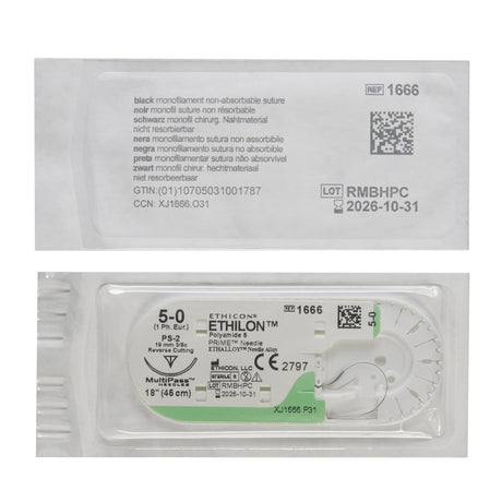 Image of Ethicon 1666G ETHILON® Nylon Suture 5-0, PS-2 19mm Precision Point Reverse Cutting Needle, 18", Black Monofilament