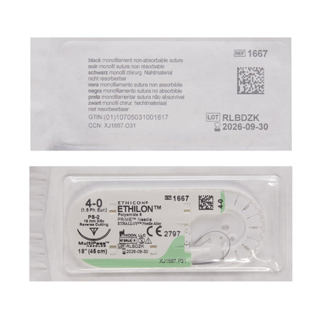 Image of Ethicon 1667G ETHILON® Nylon Suture 4-0, PS-2 19mm Precision Point Reverse Cutting Needle, 18", Black Monofilament