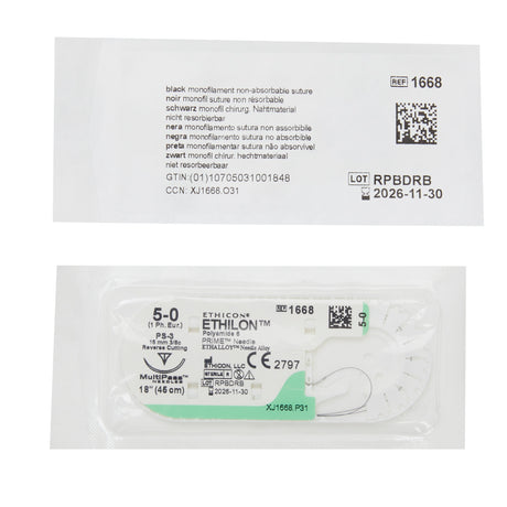 Image of Ethicon 1668G ETHILON® Nylon Suture 5-0, PS-3 16mm Precision Point Reverse Cutting Needle, 18", Black Monofilament