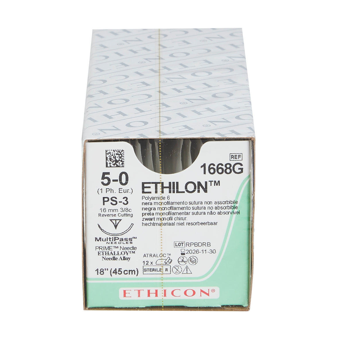 Image of Ethicon 1668G ETHILON® Nylon Suture 5-0, PS-3 16mm Precision Point Reverse Cutting Needle, 18", Black Monofilament