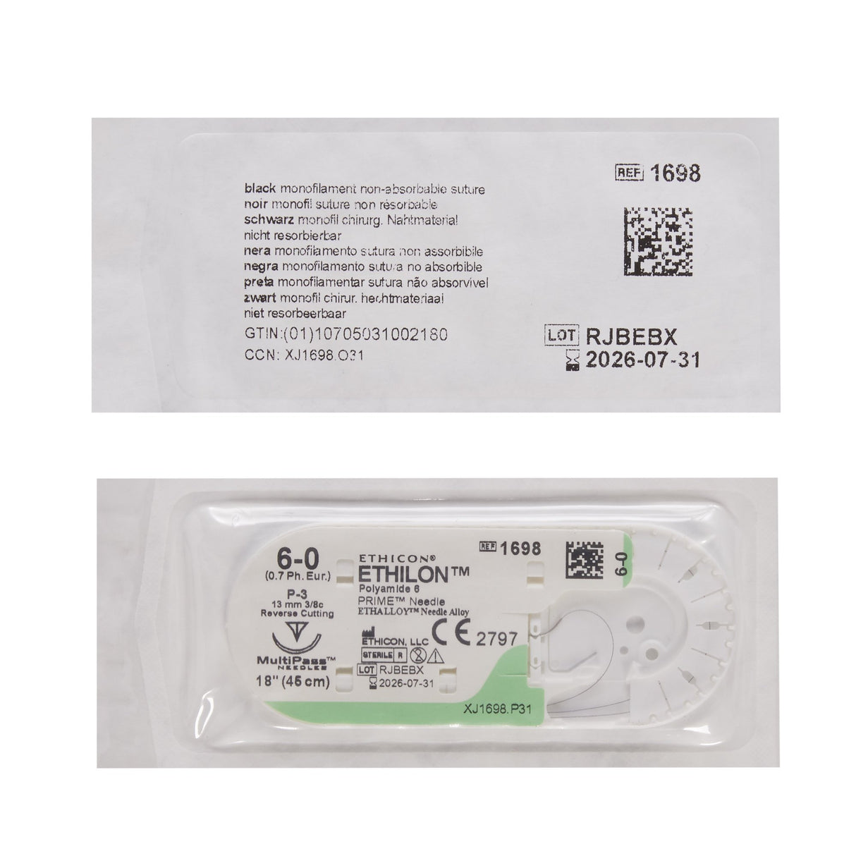 Image of Ethicon 1698G ETHILON® Nylon Suture 6-0, P-3 13mm Reverse Cutting Needle, 18", Black Monofilament