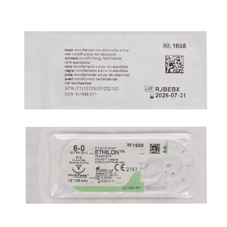Image of Ethicon 1698G ETHILON® Nylon Suture 6-0, P-3 13mm Reverse Cutting Needle, 18", Black Monofilament