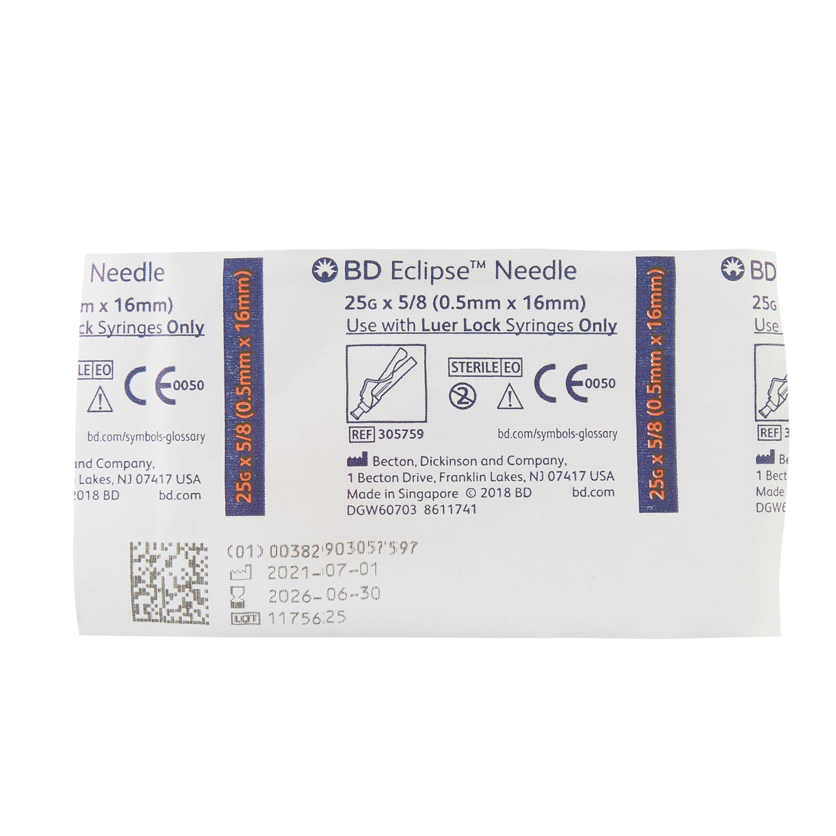 Image of BD Eclipse™ Thin Wall Hinged Safety Hypodermic Needle 25G x 5/8"