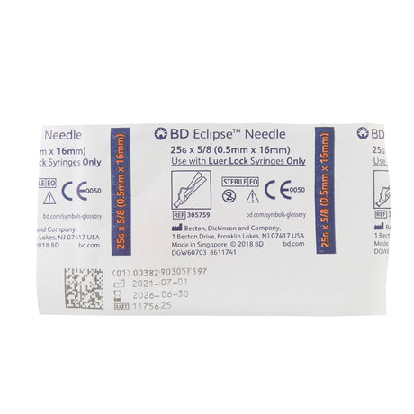 Image of BD Eclipse™ Thin Wall Hinged Safety Hypodermic Needle 25G x 5/8"