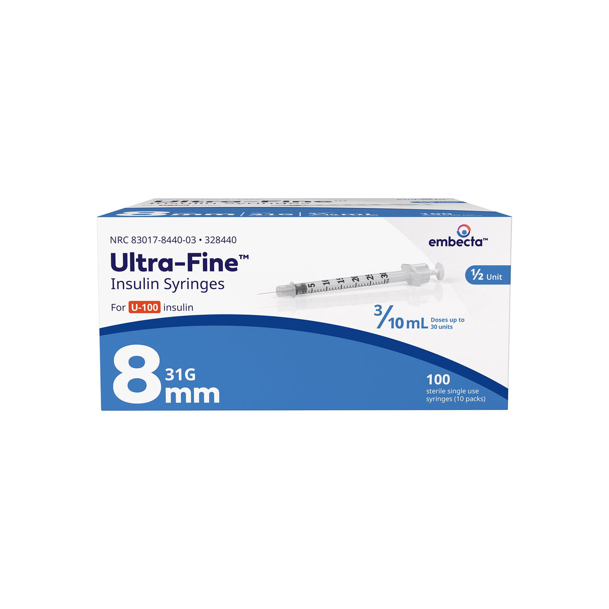 Insulin Syringe with Ultra-Fine II Needle 31G x 5/16", 3/10 mL (100 count)