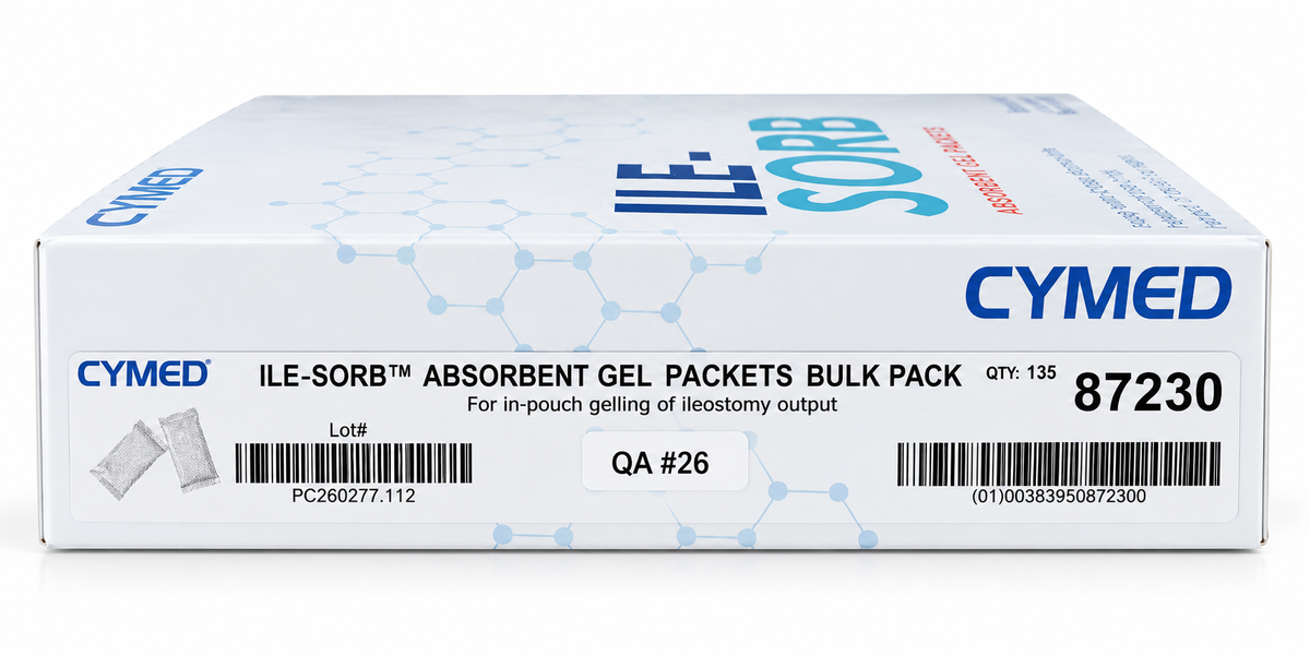 CYMED ILE-SORB Absorbent Gel Packets Bulk Pack box, quantity 135, lot PC260277-1112, shown on a white background.