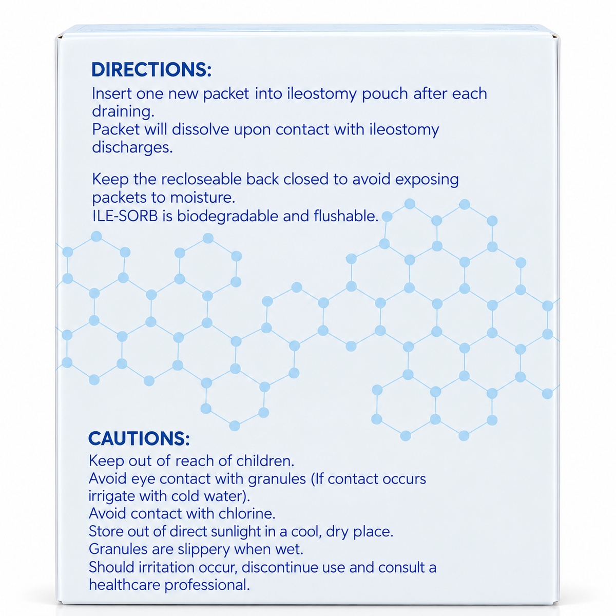 Cymed ILE-SORB Absorbent Gel Packets back packaging showing directions for use, ileostomy pouch instructions, safety warnings, and storage precautions.