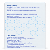 Cymed ILE-SORB Absorbent Gel Packets back packaging showing directions for use, ileostomy pouch instructions, safety warnings, and storage precautions.
