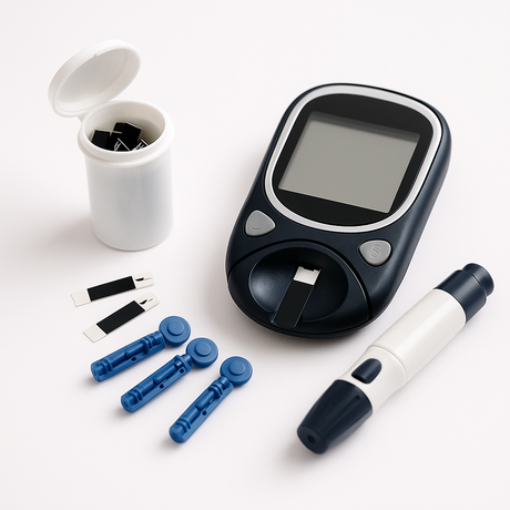 Diabetic supplies including a glucose meter, test strip container, loose test strips, lancets, and a lancing device on a clean white background.