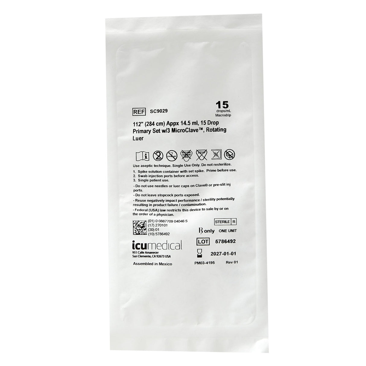 Image of ICU Medical Bravo 24® Primary IV Administration Set, 3 Ports, 15 Drops/mL, 112" Tubing, Without Filter