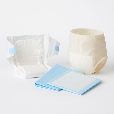 Incontinence supplies including an open adult diaper, light blue underpads, and beige pull-up protective underwear on a clean white background.