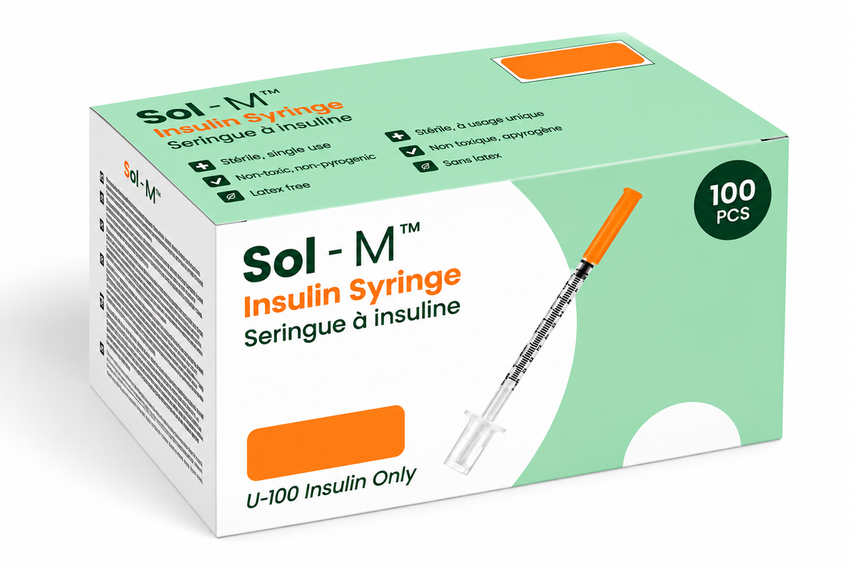 Sol-M insulin syringe with fixed needle, box of 100, available in multiple needle gauges, lengths, and syringe capacities.
