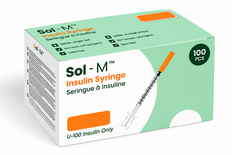 Sol-M insulin syringe with fixed needle, box of 100, available in multiple needle gauges, lengths, and syringe capacities.