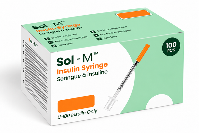 Sol-M insulin syringe with fixed needle, box of 100, available in multiple needle gauges, lengths, and syringe capacities.