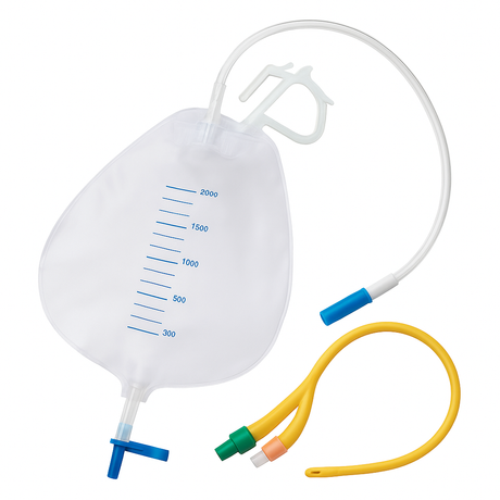 Urological supplies including a urinary drainage bag with tubing and a coiled Foley catheter on a clean white background.