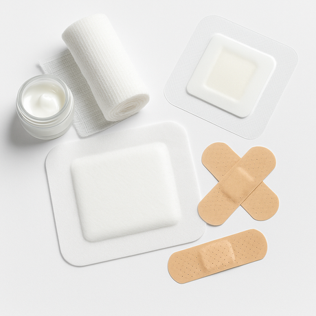 Wound care medical supplies including bandages, gauze rolls, and adhesive dressings on a clean white background.