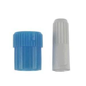 Image of Blue Male Luer Lock Replacement Cap and White Female Luer Lock Cap