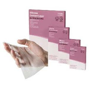 Image of Cardinal Health Silicone Contact Layer 3" x 4".  Sterile, occlusive wound dressing made with a conformable, open mesh struction and gentle silicone adhesive.  Helps facilitate fluid transfer and provide fixation and protection to the w